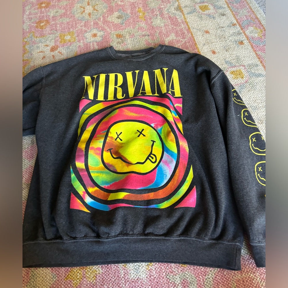 urban outfitters dark grey/black nirvana oversized crew sweatshirt size s/m
